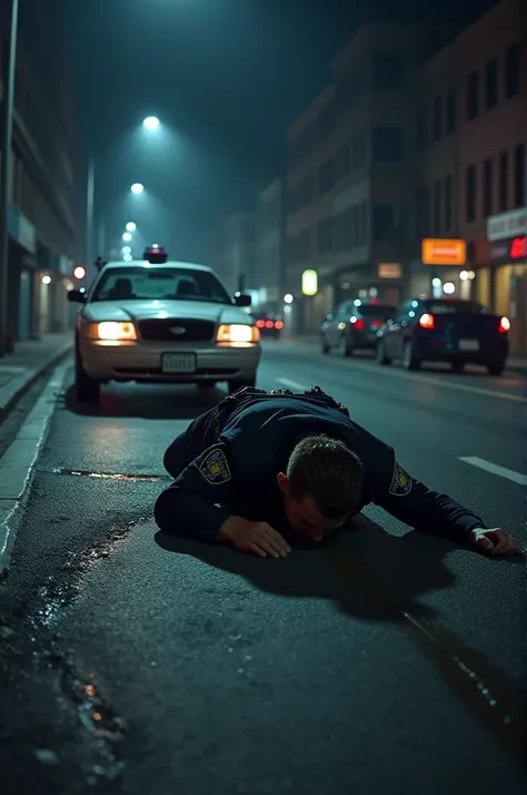 A police officer is lying on the road, and A car rolls over.