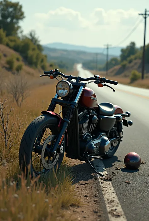 A crashed motorcycle broken on the side of the road