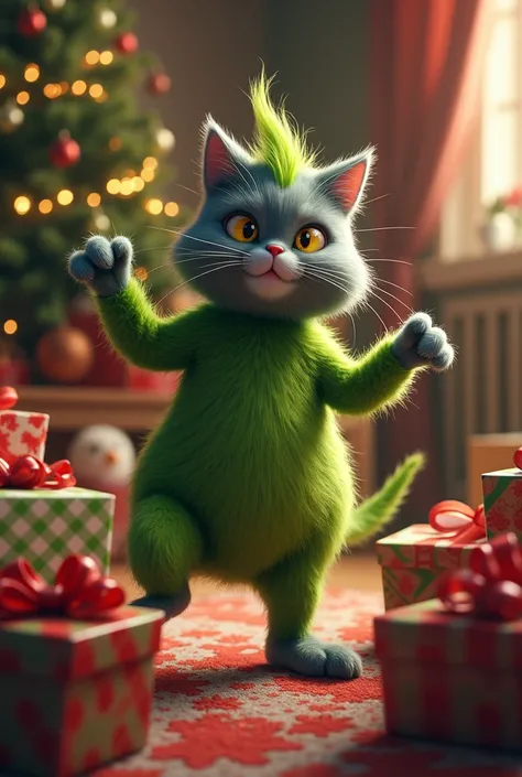  Grey Kitty disguised as The Grinch , dancing between Christmas presents 