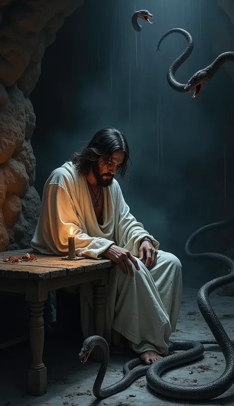 In a cold, dark cave enveloped in swirling black mist, Jesus sits hunched over at a worn wooden table. His once white robe is now filthy and torn, his frail body trembling from fear and cold. His face is streaked with tears, his expression a mixture of hop...