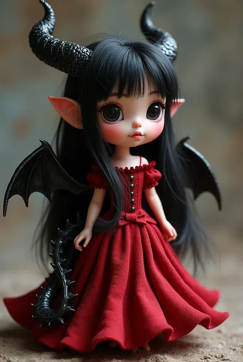 a tiny girl with long black hair, with some white highlights she has two black horns, two black dragon wings, and a black dragon tail, she is wearing a royal red dress, she has big eyes, with black irises, with white pupils