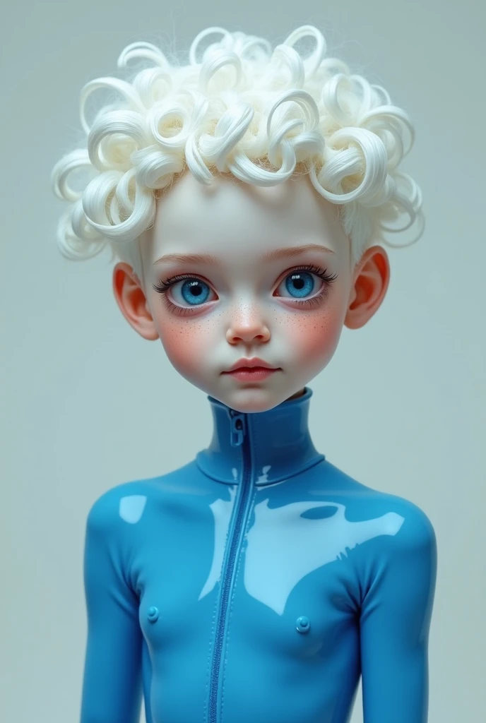 An eight-year-old albino , cabello blanco, short and curly,  girl with freckles and blue eyes in a tight blue latex suit