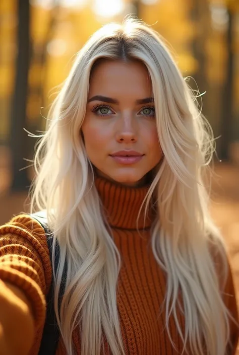 A beautiful Instagram model with white long hair and green eyes taking a moment for a selfie in a forest during autumn, her warm-toned outfit perfectly complementing the golden leaves.