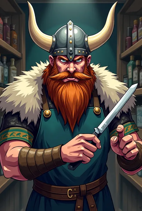 viking barber in helmet with scissors and razor anime