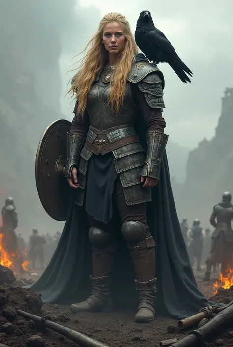  A blonde Viking warrior with long hair, debout sur le champs de bataille ravagé, A raven on her shoulder ,  a broken shield in front of her  