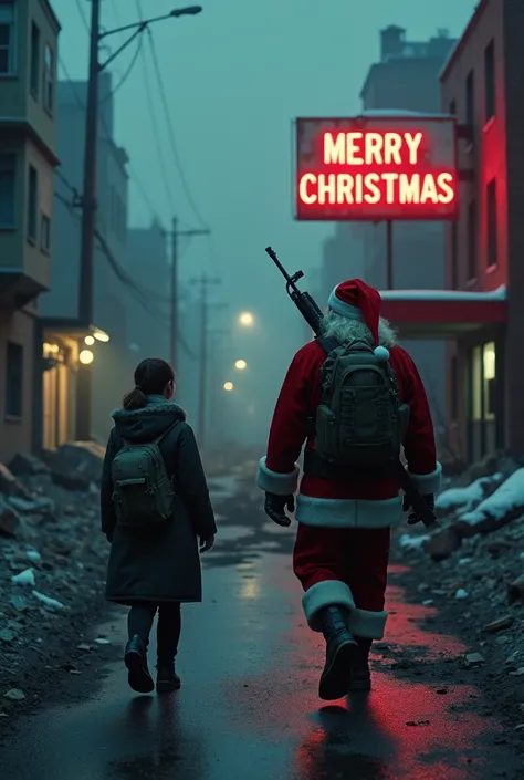  still lives there night falls and Santa Claus walks through a city devastated by bombs ,  on his back he carries an assault rifle and next to him a girl looks at him heartbroken and points to some blocks of buildings still standing through whose windows l...