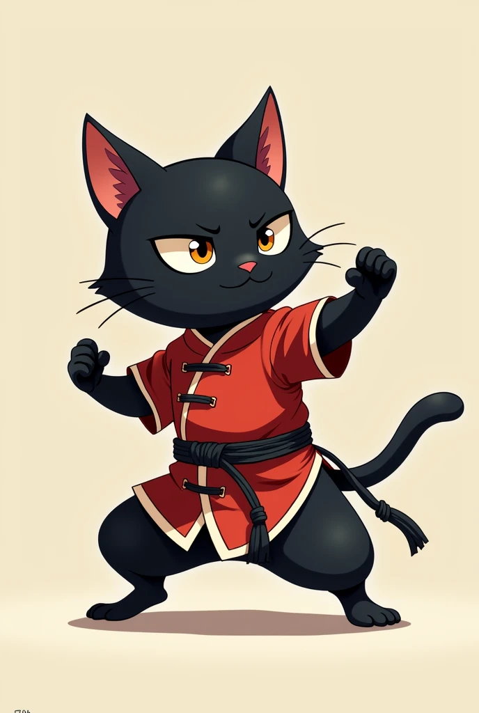 Bipedal black cat、 riding a deformed 、 2b anime, chibi anime, Alone, Chinese traditional kung fu clothing、 Satu Stance、dashing expression 