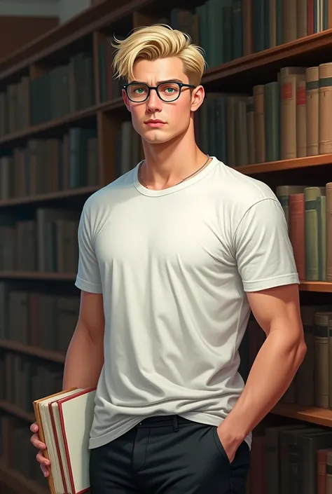 Digital art manhwa semi-realistic oil painting. (22-year-old man, stoic countenance, semi-muscled complexion, masculine features, straight nose, marked jaw, short blonde hair combed back slightly disheveled, white t-shirt with black pants, marked jaw and c...