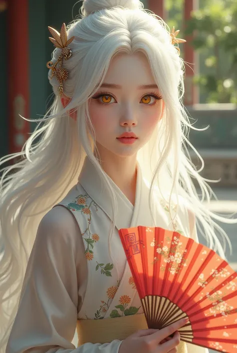 Elegant yellow-eyed girl with knee-length white hair wearing an old Chinese red dress and a fan