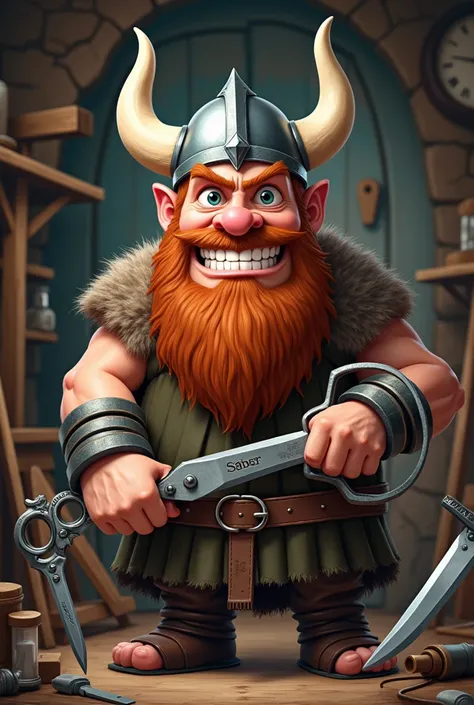 viking barber in helmet with scissors and razor caricature