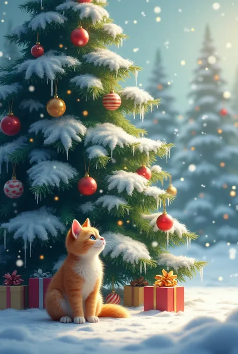 a Christmas tree , With a lot of snow and cat 