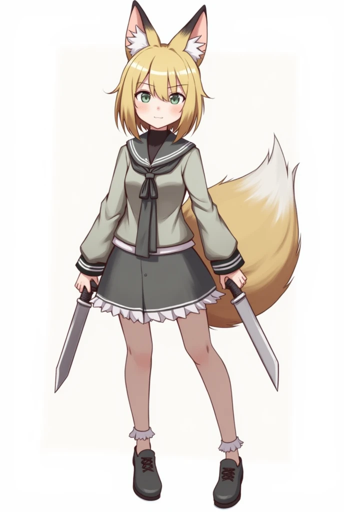 2D character, full-length, girl with a fox tail and ears, knives in both hands,