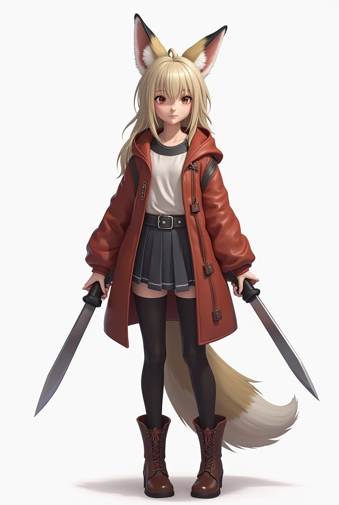 3d character, full-length, girl with a fox tail and ears, knives in both hands,