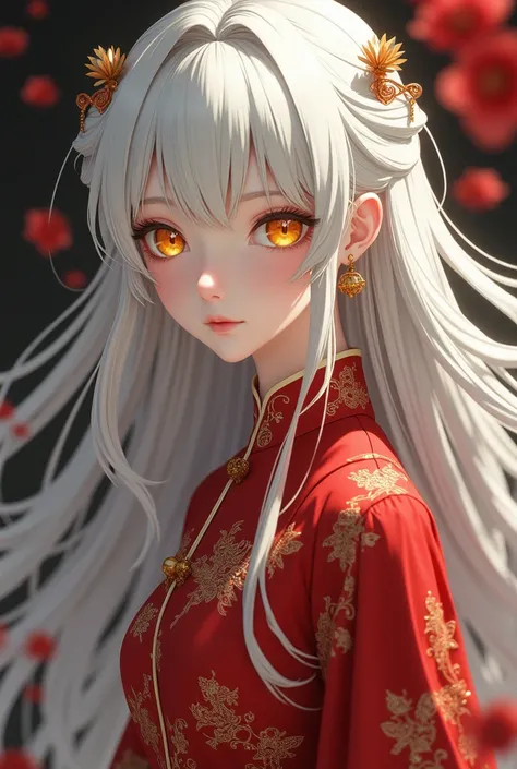  style fan Elegant yellow-eyed girl with knee-length white hair, wearing an antique red Chinese dress and a ranma ½ 