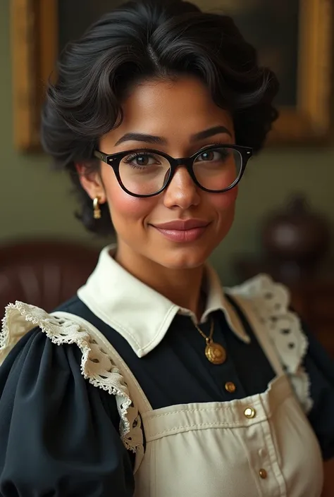 A Columbian woman that is curvy with very curly short hair freckles and glasses in her fifties is quite pretty and is in a maid outfit 1800