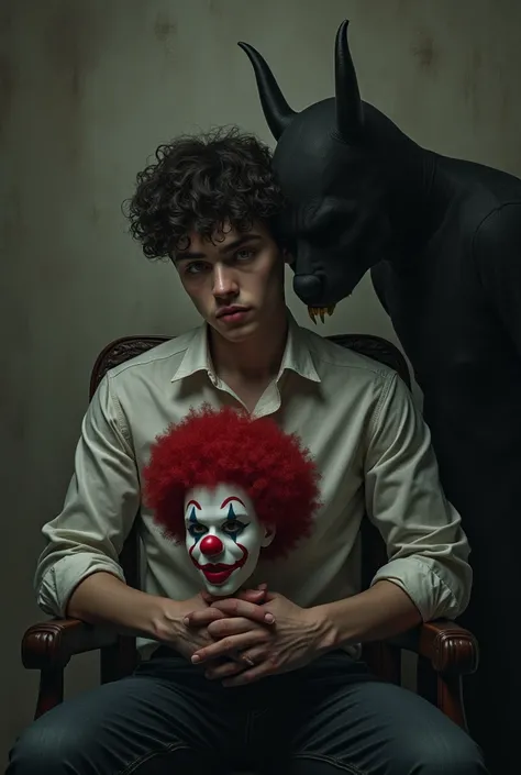 a young guy with 18 years old ,  with a thoughtful and slightly disturbing expression on his face,  sitting alone on a , holding a clown wig and clown nose.  His eyes are pointing down ,  chair as if he was thinking about an important step , but hes afraid...