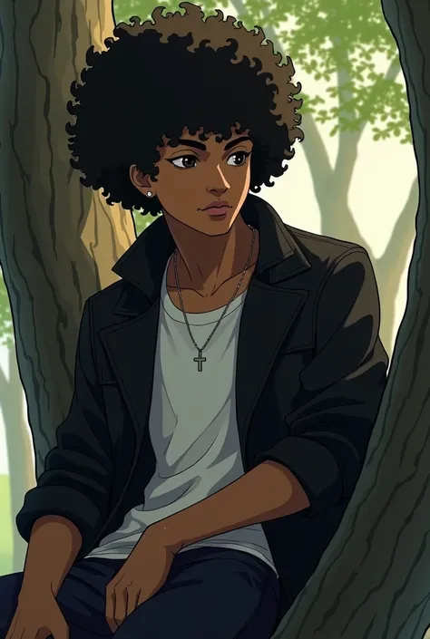 Black guy, young, attractive, brown skin, black eyes, pierced ears, big afro hair, closed hair, round, wearing a black coat with a white shirt inside it, dynamic pose, he is sitting in a tree. manga anime style.