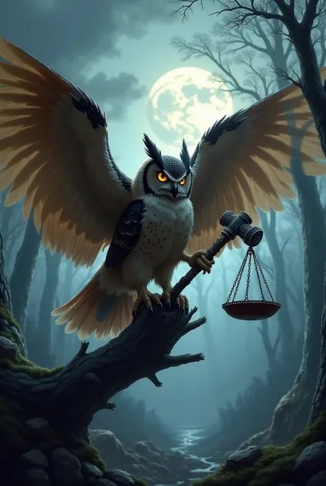 Open-winged owl with a hammer and a scale