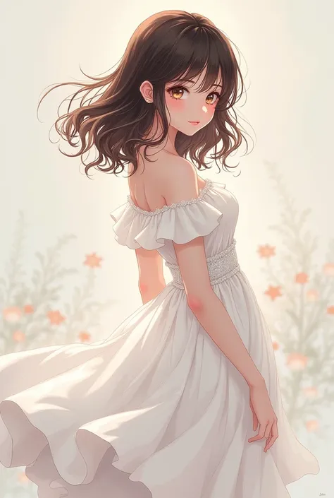 Dark brown-haired brunette anime style girl in a white dress 