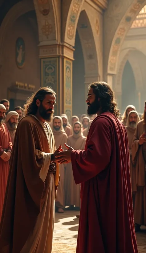 Create the scene of a desperate synagogue boss talking to Jesus. A crowd is watching scene  