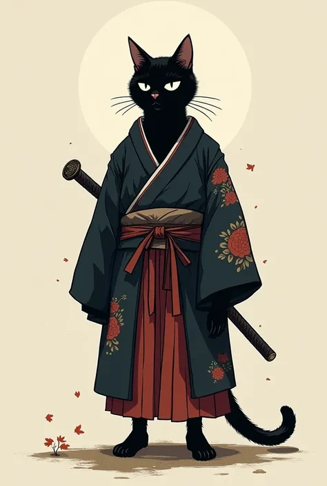 Bipedal black cat、 riding a deformed 、Dressed in kimono、Ronin、Alone,  with a sword around her waist 、Japanese Samurai、 are expressionless、 standing