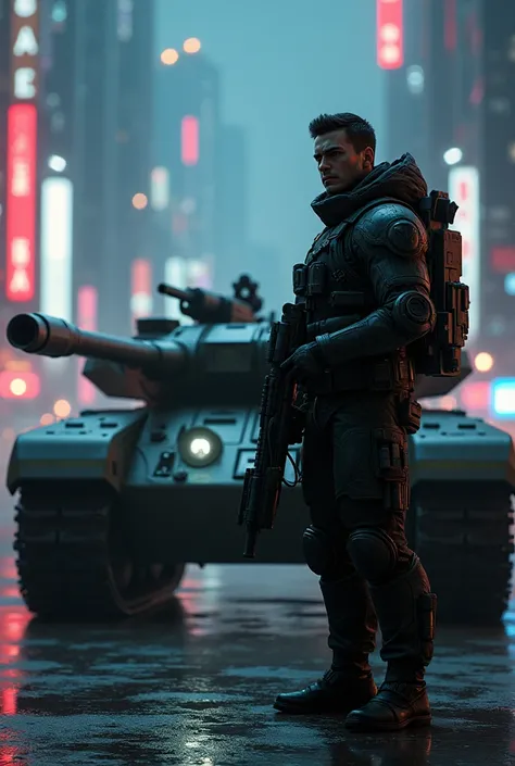 Tank and capitan with gun in night city