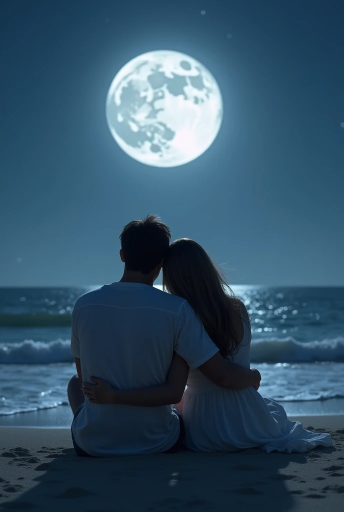  Man and woman sitting on the sand embracing each other looking at the moon on the beach, them with their backs to the camera .