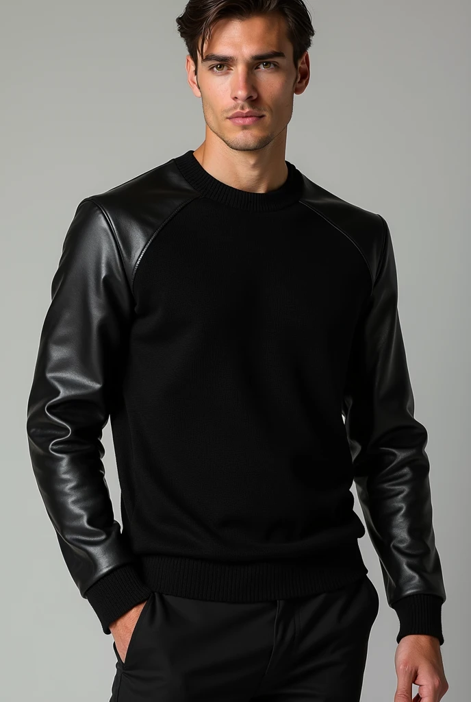  Create a sweater for my fashion brand .  The sweater should be black and have an area on the elbows and shoulders, Which is made of real leather .