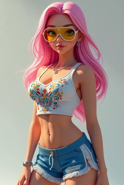 ((work of art, Maximum quality, high resolution)), ((highly detailed 8K unified CG wallpaper)), (Asian woman, 1,72m), (skin fair, Asian appearance), (extremely seductive), (Very defined muscles), (fully body), (wearing blue shorts with floral prints), (whi...