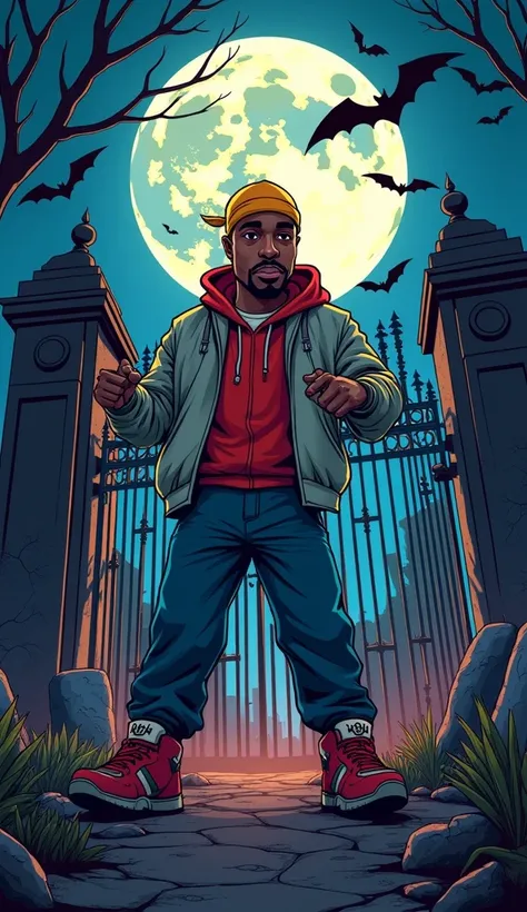 Generate a cartoon-style illustration rapper Tupac Shakur coming out of the graveyard pit against the background of night with a full moon a large gate and bats 