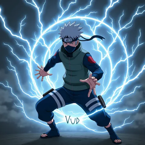  Kakashi Hatake silver hair doing a shidori with marked "Vud " with lightning bolts