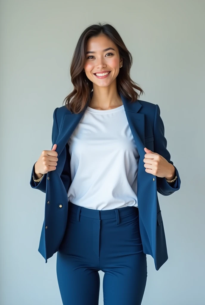 Young woman opening her blue businesswomans jacket with white lining on both sides showing a t-shirt 