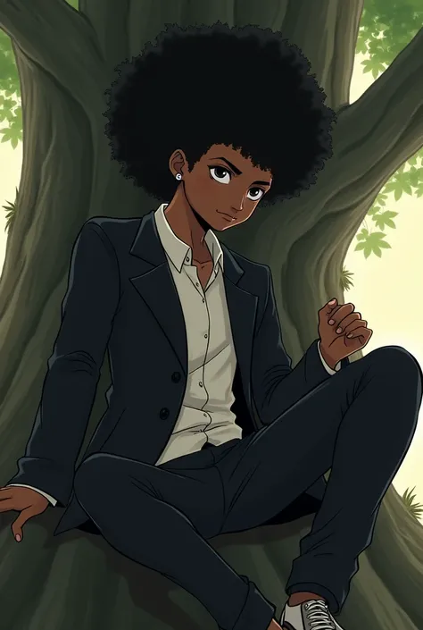 Black, attractive young adult, dark skin, black eyes, pierced ears, big afro hair, closed, round hair, wearing a black coat with a white shirt inside, dynamic pose, he is sitting in a tree, dominant, art in anime comics