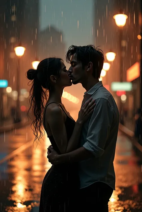 Create an image of a couple kissing in the rain
