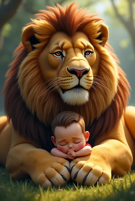 A very big blooded lion with a toddler
sitting on his stomach