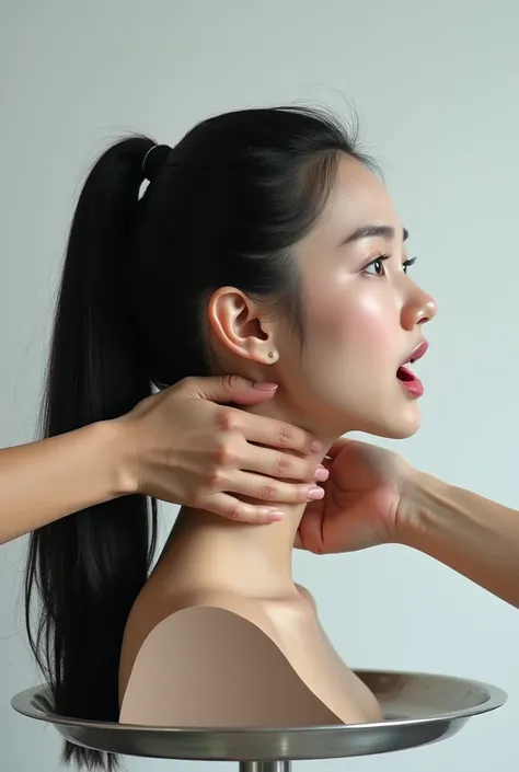 Picture of a disembodied young chinese womans head from side view, stands on a silver tray. We see the head from side. The head is tilted back. The woman has beautiful, super straight, super thick, super smooth, super silky, shoulder-length, black hair in ...