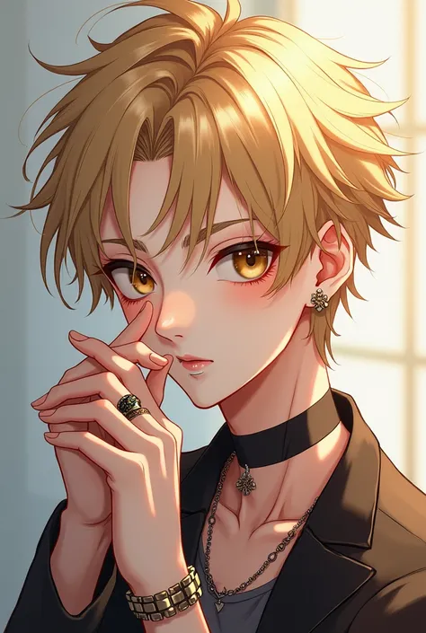 Tall 17-year-old man with white skin , short blond hair,  light brown eyes with long blonde eyelashes ,  has a pierced lip ,  also a flower-shaped ear ring and some rings on his hand, anime