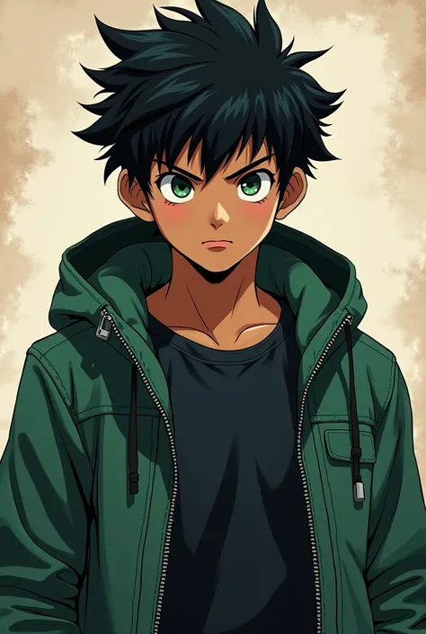 A boy( male / teenager of 16 /) high(1.81 meters approx. .). dark-skinned. robust.  Black hair.  dark green eyes.  Y in the 2D anime style 