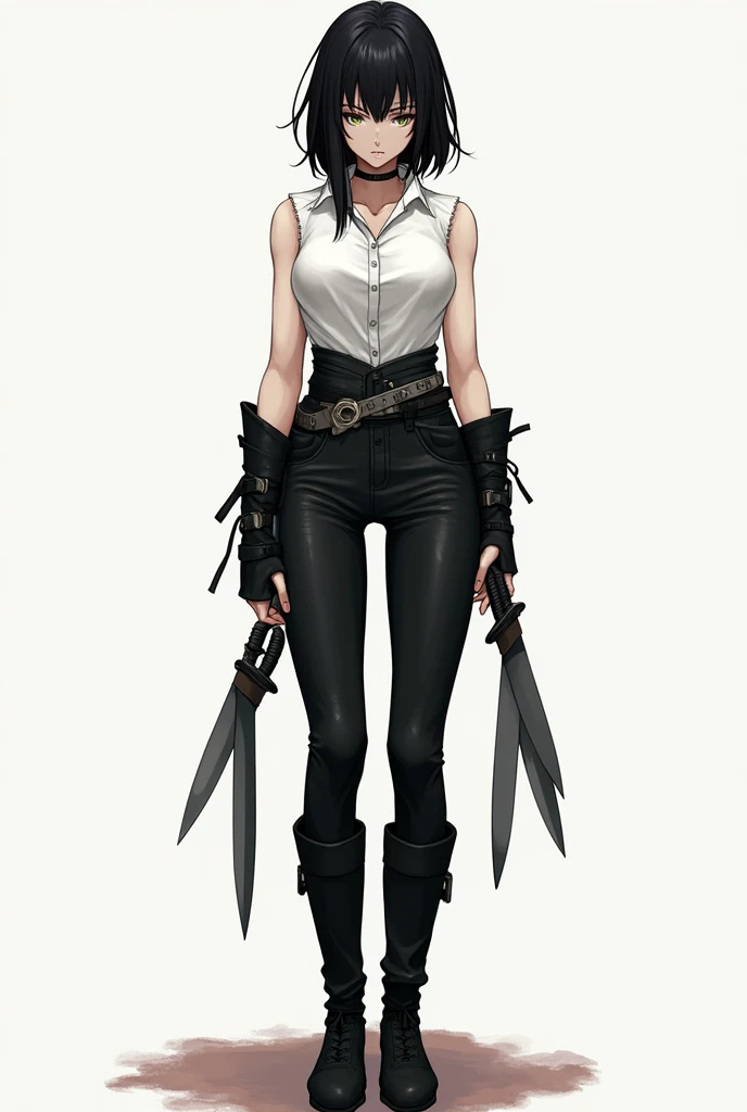 As a black-haired female character of 1 . 82 wearing a white sleeveless shirt and black pants and black boots so that she looks like a murderer as she has daggers in her covers around her waist so that her hands and arms are not attached to the body so tha...