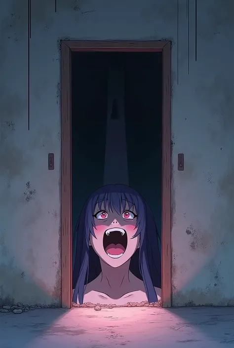 Create in anime style a wall with a hole with a feminine mouth in very sexy Ahegao visible through the wall and a long shadow of a penis in the middle