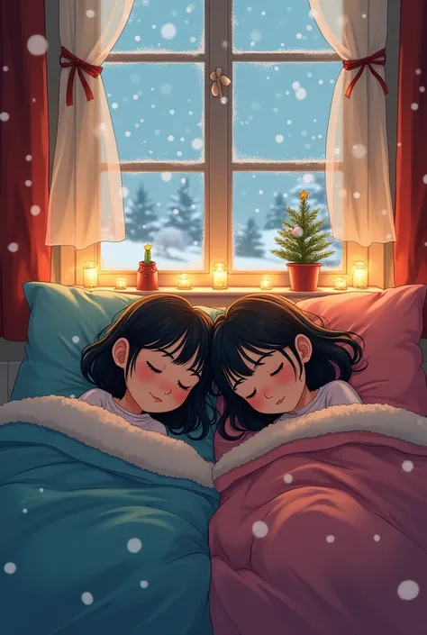 Two girls, one  and the other , both of mixed Korean and Sicilian Italian, sleeping peacefully in their respective beds, in the same bedroom (with Christmas decorations), while snow falls through the window.