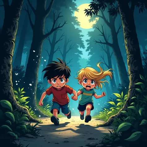 Affiche du manga - "Aventure dans les Ombres"

Scène :
Laffiche montre Mohamed et Eva, tous deux âgés de 10 ans, courant dans une forêt sombre. La nuit est tombée, et la lumière de la lune filtre à peine à travers les arbres. Les ombres autour deux donnent...