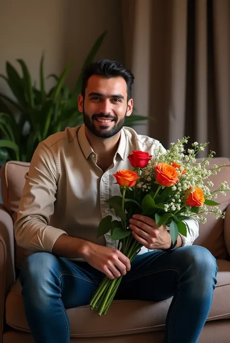 there is a man sitting on a couch holding a bouquet of flowers, very very low quality picture, riyahd cassiem, khyzyl saleem, mohamed chahin, ash thorp khyzyl saleem, with flowers, competition winning, saadane afif, photo taken in 2 0 2 0, very clear pictu...