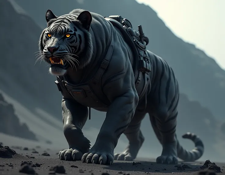 Create me a tiger with the body of a person dressed in a black commando suit with all his equipment at the bottom of a mountain of black sand