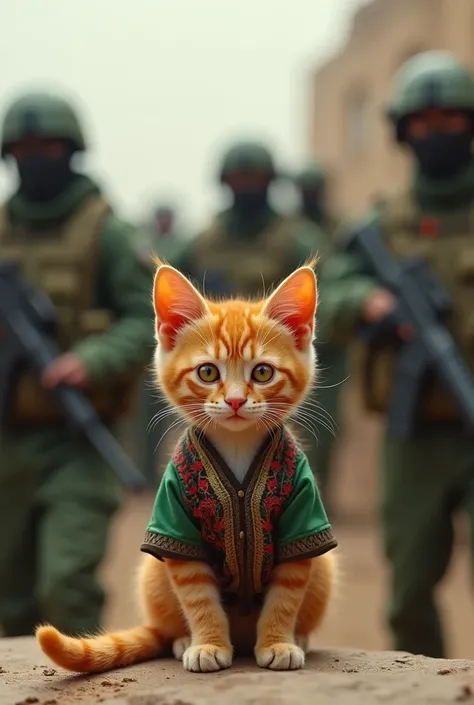 A very small orange cat wearing a Palestinian shirt with soldiers behind it 