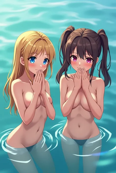  Two girls in the middle of the sea with bare breasts ,covering her breasts with her completely embarrassed hands,One is blonde and has loose hair and has blue eyes,and the other is brown , have pink eyes and their hair is held in two ponytails