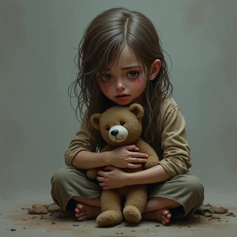 A realistic and emotional depiction of a young girl, around , sitting on the ground and crying. She has long, slightly tangled brown hair and wears dirty, tattered clothing in shades of brown. Her face is tear-streaked, and she holds a small, weathered ted...