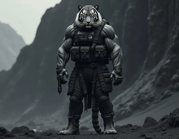 Create me a tiger with the body of a person dressed in a black commando suit with all its equipment at the bottom of a black sand mountain with Randors boots