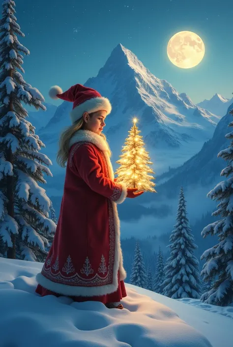  elf standing on the left in front of a snow-covered mountain with a snow-covered pine forest. Polar images glow in the background and the moon shines brightly .  In her hand she holds a brightly decorated Christmas tree with fairy lights 