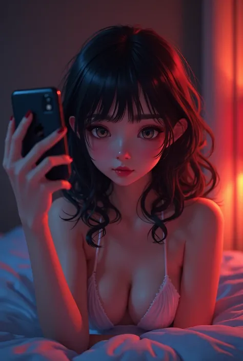 1girl,anime,manga,selfie,phone,bed,bedroom,underwear,topless,erotic,sensual,beautiful detailed eyes,beautiful detailed lips,extremely detailed face and body,cinematic lighting,dramatic colors,masterpiece,photorealistic,highly detailed,ultra-realistic,vibra...